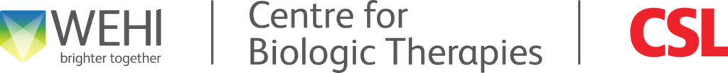 Graphic showing the WEHI and CSL logos, with text reading 'Centre for Biologic Therapies'